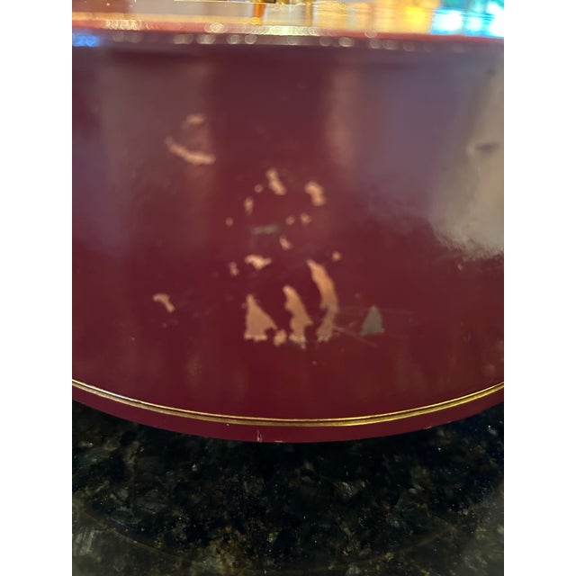 Mid century unique revolving wood poker chip holder, brass handle, wine colored cover, poker chips. Cover was taped shut...