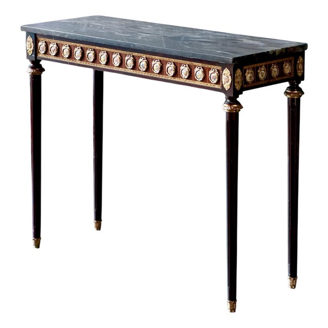 Antique French Louis XVI Revival Console Table with Porcelain Medallions with Marble Top, 1890s For Sale
