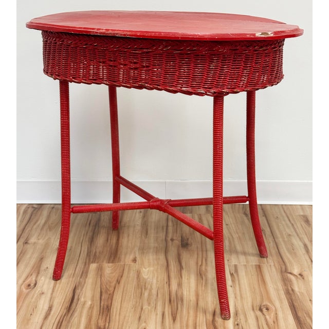 Farmhouse Vintage Weathered Red Wicker Table For Sale - Image 3 of 12