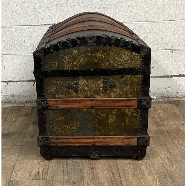 Wood Antique Camel Back Steamer Trunk Chest For Sale - Image 7 of 11