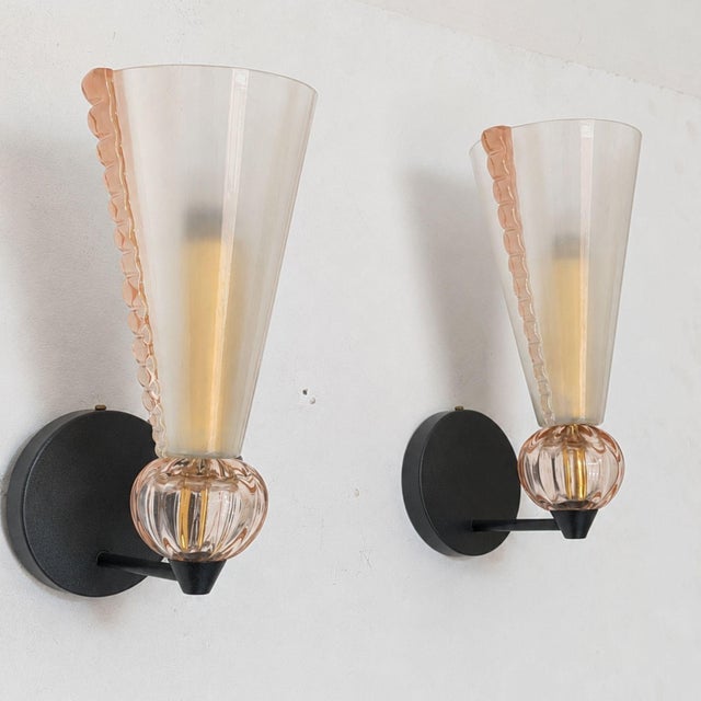 Mid 20th Century Mid-Century Modern Pink Sconces Murano Glass Wall Lights Attributed to Barovier & Toso - Pair For Sale - Image 10 of 13