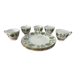 Vintage Crown Staffordshire Fine Bone China England Cup & Plates Green Ivy - Set pf 8 For Sale