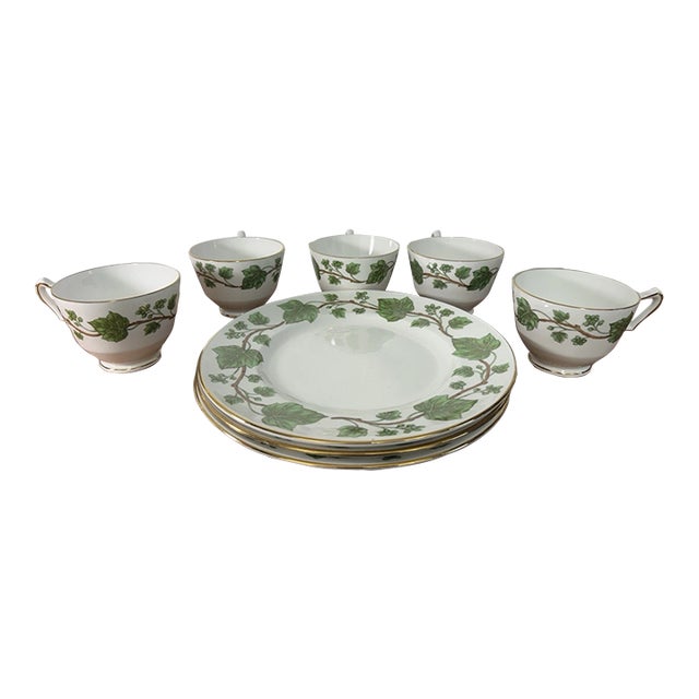 Vintage Crown Staffordshire Fine Bone China England Cup & Plates Green Ivy - Set pf 8 For Sale