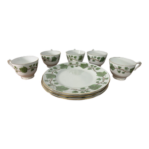Vintage Crown Staffordshire Fine Bone China England Cup & Plates Green Ivy - Set pf 8