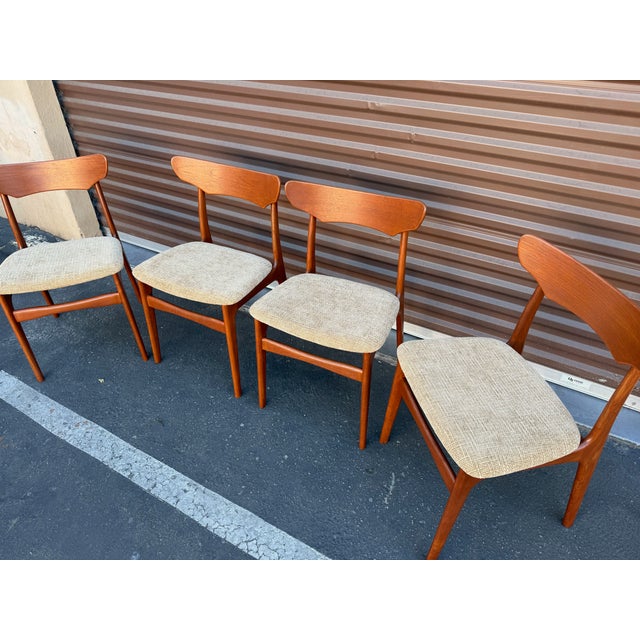 Gorgeous set of 4 Danish Modern teak dining chairs by Schionning and Elgaard for Randers of Denmark. They are in excellent...