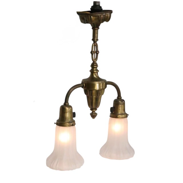 Metal Early Electric Brass and Glass Two Arm Light Fixture C. 1900/20's For Sale - Image 7 of 18