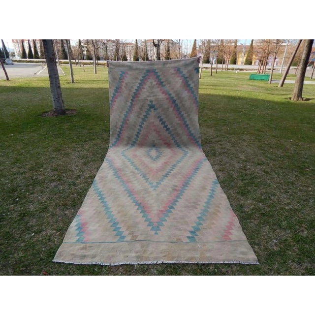 Mid Century Turkish Embroidered Kilim Runner With Modern Design For Sale - Image 9 of 11