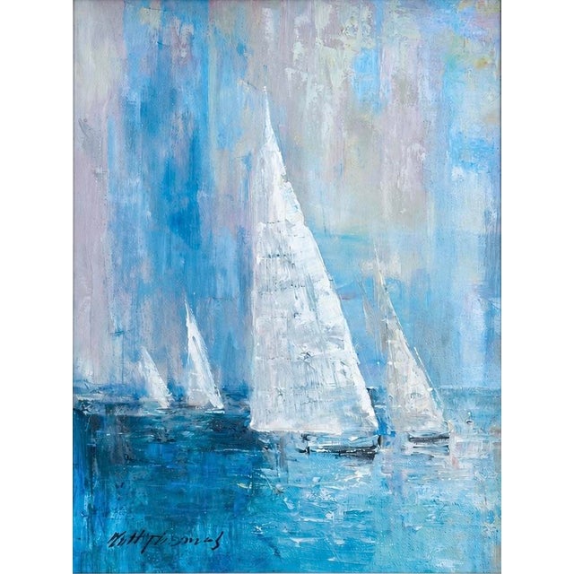 Abstract Blue Coastal Sailboat Seascape Original Oil Painting – Framed, by Matt Thomas For Sale - Image 3 of 5