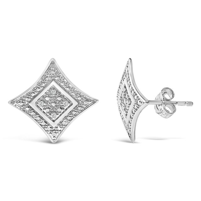 These gorgeous sterling silver stud earrings feature eight round, brilliant cut diamonds accenting a curvy four pointed...