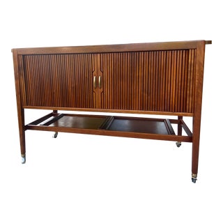 Mid-Century Modern Expandable Rolling Bar Cabinet With Tambour Doors For Sale