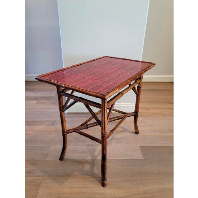 19th Century Victorian Era Chinoiserie Japonism Bamboo Burgundy Red Ceramic Tiled Tray Table For Sale - Image 4 of 17