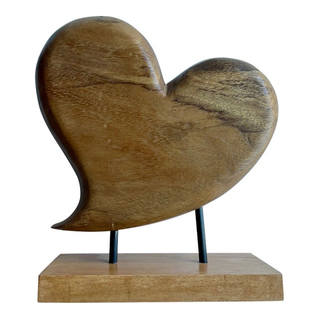 Carved Wood Heart Sculpture on a Wood Stand For Sale