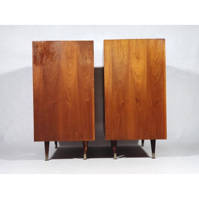 Pair of Vintage Original Mid-Century Modern Walnut Finish All Wood Display Cabinets With Adjustable Shelves and Sliding Wire Glass Doors For Sale - Image 4 of 18