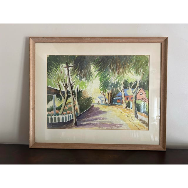1960s Vintage Original Large Framed Watercolor of a Beach Town Street Scene For Sale - Image 5 of 6