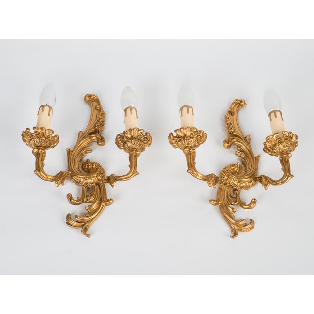 Rococo 1950s Spanish Rococo Gilt Brass 2-Light Wall Sconces - A Symmetrical Pair For Sale - Image 3 of 9