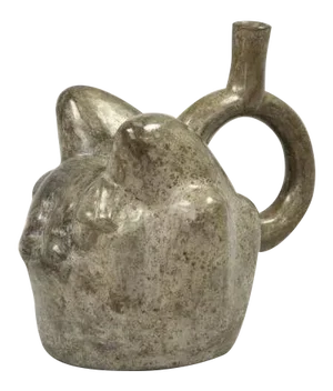 Ancient Moche Jaguar on Mountain Blackware Stirrup Vessel, Peru, 750-800 c.e.