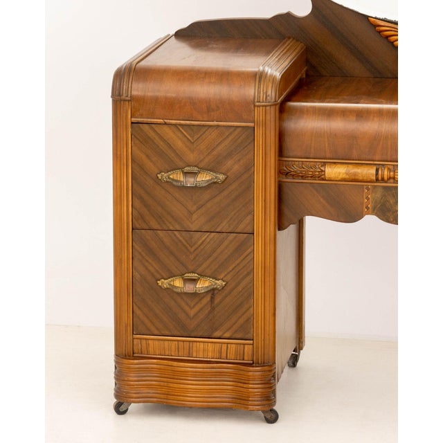 Mid 20th Century American Art Deco Mirrored Marquetry Inlaid Walnut Vanity and Chair For Sale - Image 5 of 16