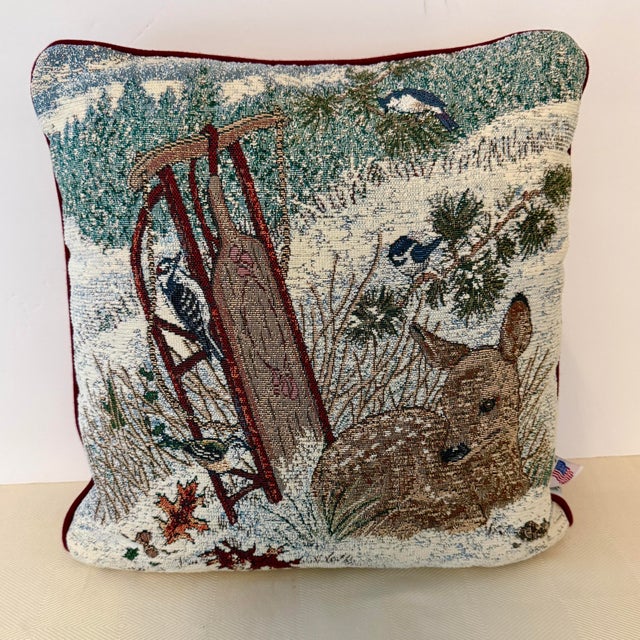 Textile Vintage Rustic Winter Woodland Animal & Birds Tapestry Pillow by Riverdale For Sale - Image 7 of 7