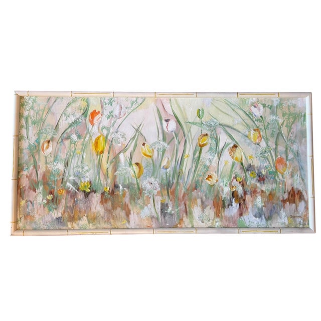 Chinoiserie “Tiptoe Through the Tulips” | Large Vintage Floral Garden Painting in Faux Bamboo Frame | 50” For Sale - Image 3 of 12