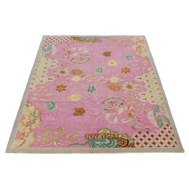 Art Deco Modern Art Deco Style Handmade Wool Rug in Pink With Floral Design For Sale - Image 3 of 11