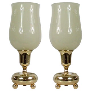 German Bauhaus Brass and Opal Torchiere Table Lamps, 1930s, Set of 2 For Sale