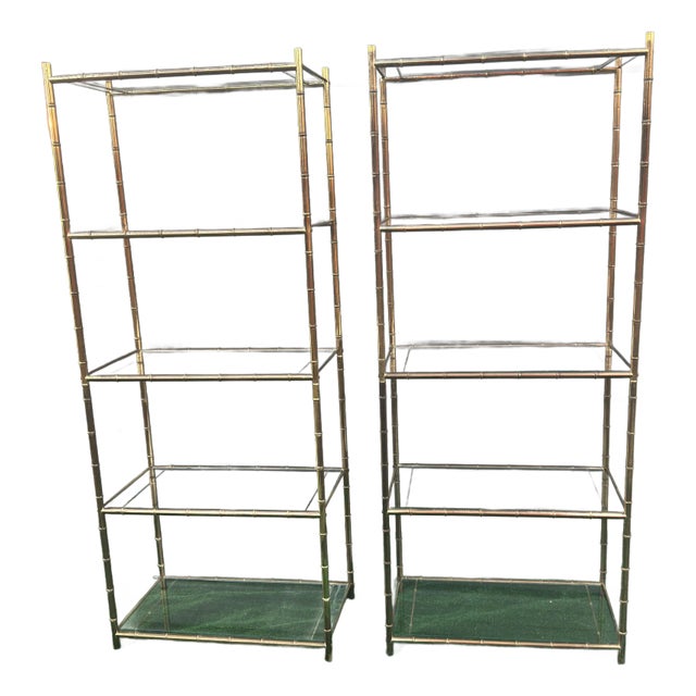 Late 1970s Brass and Glass Faux Bamboo Shelf / Etagere- 2 Available For Sale