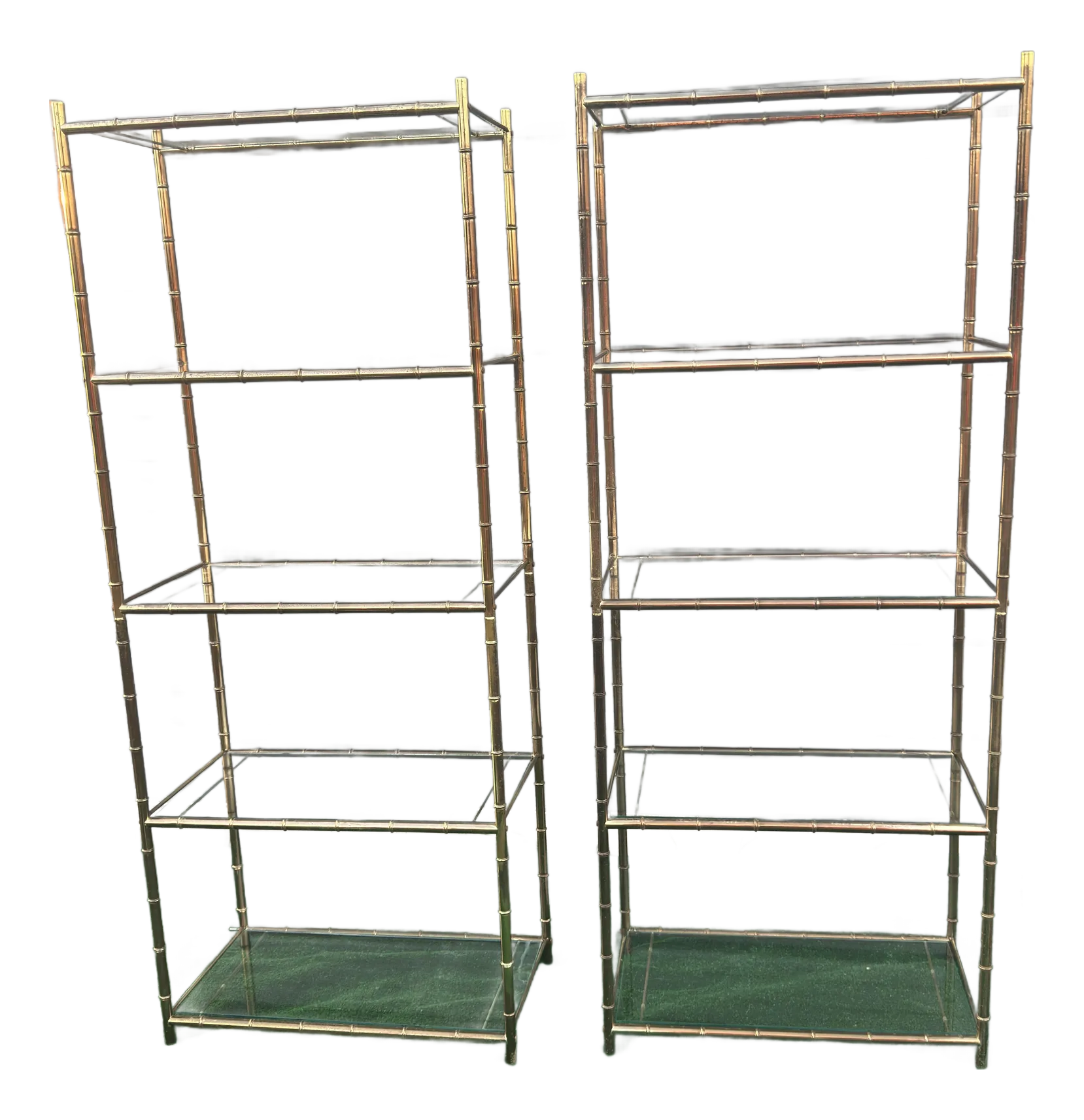 Late 1970s Brass and Glass Faux Bamboo Shelf / Etagere- A Pair