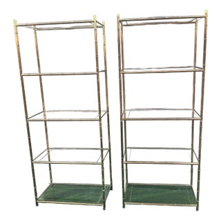 Late 1970s Brass and Glass Faux Bamboo Shelf / Etagere- A Pair For Sale