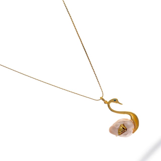 Metal Graceful Swan Baroque Pearl & Turquoise Necklace For Sale - Image 7 of 9