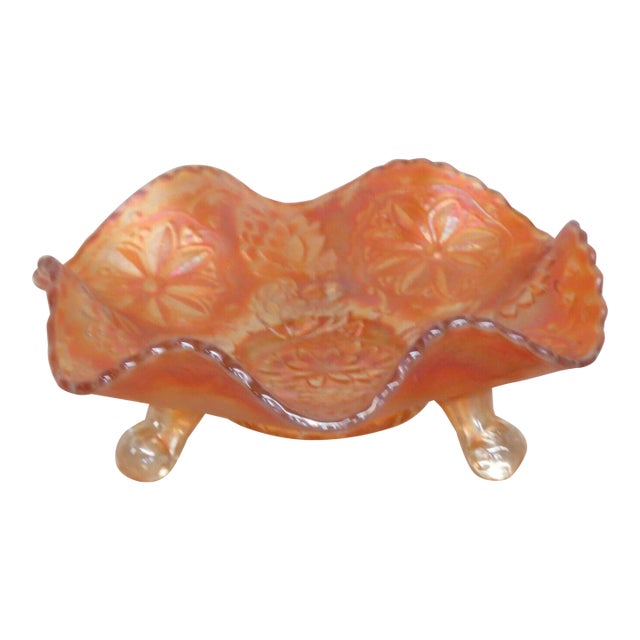 Fenton Marigold Carnival Glass Water Lily Ruffled Footed Candy Dish For Sale