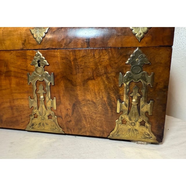 Brass Antique Victorian Burr Walnut Tea Caddy by Parkins & Gotto England Circa 1860s For Sale - Image 8 of 16