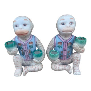 Vintage Chinoiserie Ceramic Seated Monkey Candleholders - A Pair For Sale