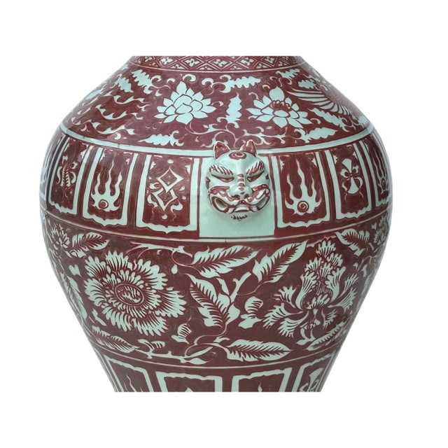 Vintage Copper Red Phoenix Flower Graphic Foo Dog Ear Ceramic Fat Pot Vase For Sale - Image 9 of 11