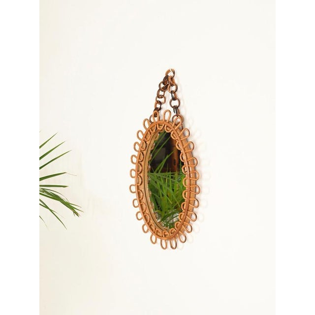 1960s Small Oval Mirror with Chain in Rattan and Bamboo by Franco Albini, Italy, 1960s For Sale - Image 5 of 9