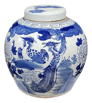 Vintage Chinese Lg B & W Phoenix Porcelain Ginger Jar 11.5"