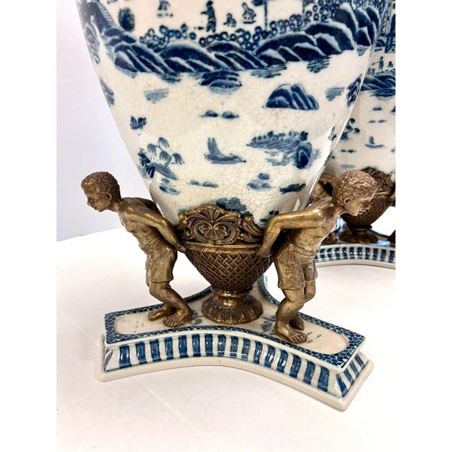 Chinoiserie Pair of Tall Chinoiserie Blue and White Urns With Bronze Figural Mounts For Sale - Image 3 of 8