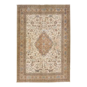 Oversize Antique Persian Tabriz Handmade Medallion Wool Rug in Beige