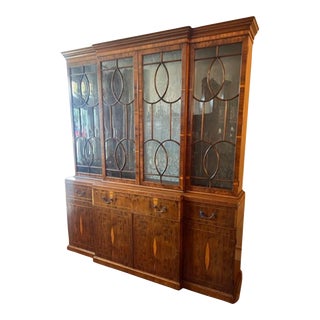 1950s Baker Mahogany and Yew Wood Breakfront Cabinet with Desk For Sale