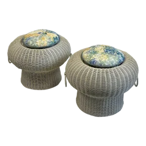 Mid Century Modern Round Wicker Ottomans - a Pair