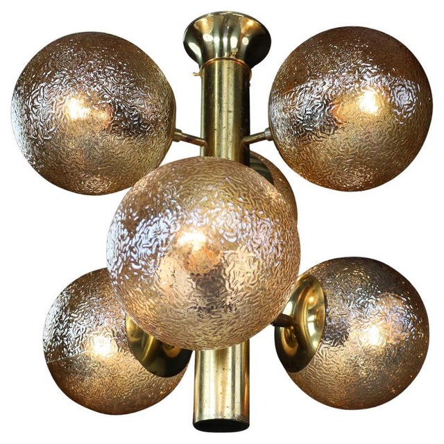 Patinated Brass Sputnik Chandelier with Six Gold-Colored Globes from Kaiser Idell / Kaiser Leuchten, Germany, 1960s For Sale - Image 13 of 13