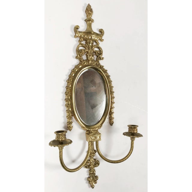 Hollywood Regency Vintage Pagoda Style Brass Mirrored Wall Candle Sconce For Sale - Image 3 of 6