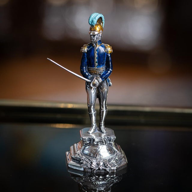 Antique 20th Century Italian solid silver and enamel figure of a Napoleonic Kingdom Guard, modelled standing at ease with...