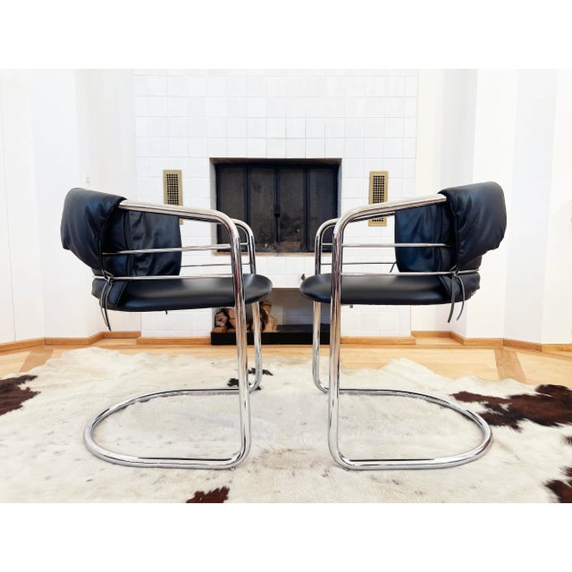 1980s Pair of Postmodern Italian Leather and Polished Chrome Accent Sling Chairs For Sale - Image 11 of 12