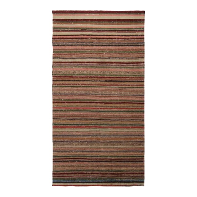1970s Vintage Geometric Striped Beige Brown and Multicolor Wool Kilim Rug For Sale