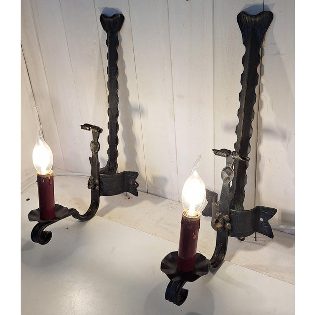 Metal Vintage Rustic Wall Lamps with Wrought Iron Frames, 1970s, Set of 2 For Sale - Image 7 of 8
