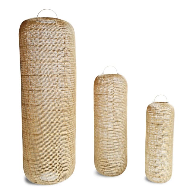 Modern Coastal Raw Wicker Cylinder Pendant Light Large For Sale - Image 4 of 9