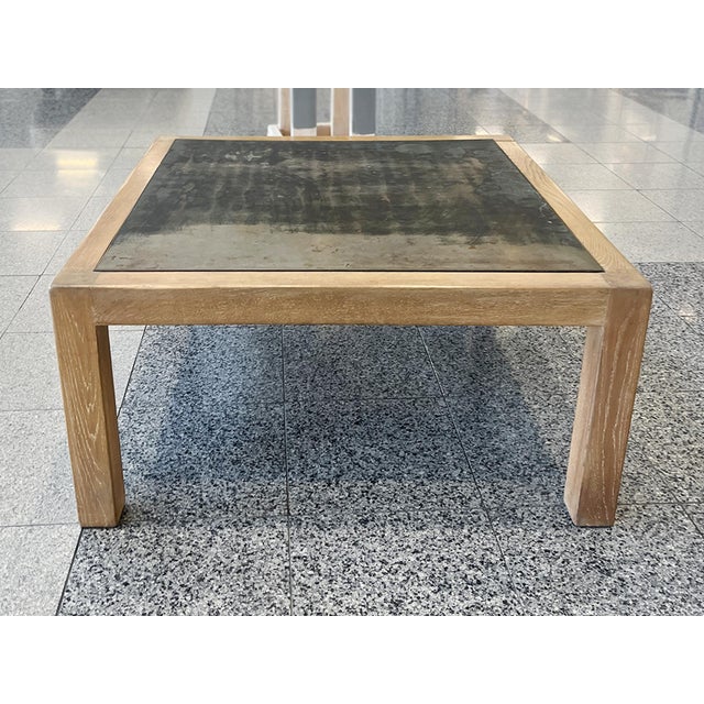 Postmodern Vintage Oak & Steel Top Square Coffee Table For Sale - Image 3 of 12