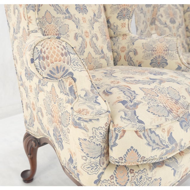 Textile Queen Ann Carved Walnut Bases Blue & White Upholstery Arm Chairs - A Pair For Sale - Image 7 of 12
