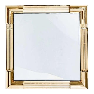 Mid Century Modern Faceted Brass and Lucite Square Mirror For Sale