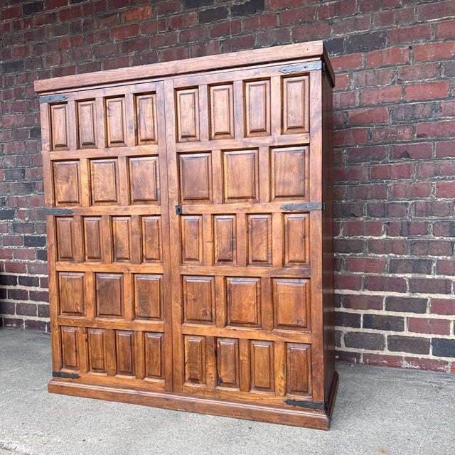 Traditional Belgian Brutalist Oak Cabinet W/ Wrought Iron Hinges – Paneled Doors, 62.75”h For Sale - Image 3 of 11